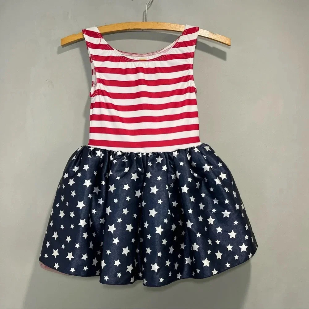 GIRLS GYMBOREE RED, WHITE, BLUE STARS AND STRIPES DRESS WITH CRENLIN SIZE S 5-6